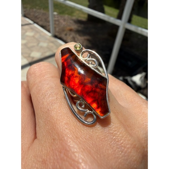 Jay King Jewelry - DRT 925 Sterling Silver Amber and Peridot Shield Statement Ring Size 5.75